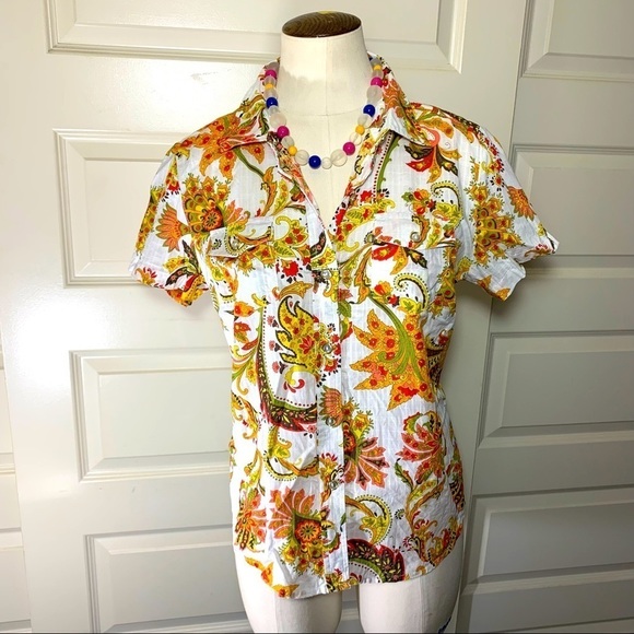 KAREN Scott Colorful 100% Cotton Floral Paisley Shirt Earth Tones Sz M - Picture 8 of 9